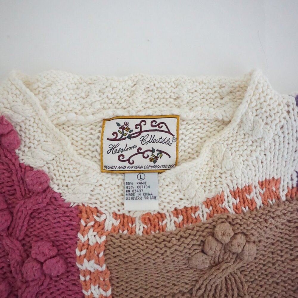 Vintage Heirloom Collectibles Floral Patchwork Cottage Knit Sweater Ivory Pink L - Picture 10 of 12